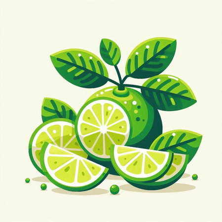 Lime fruit with green leaves on white background. Vector illustration.のイラスト素材