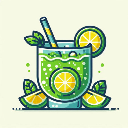 Cocktail with lime, mint and straw. Vector illustration.のイラスト素材