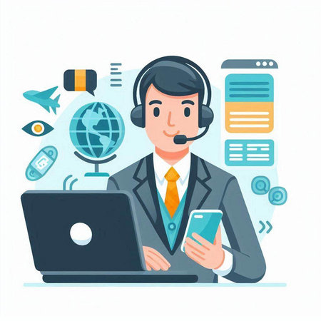 Businessman working on laptop. Vector illustration in a flat style.のイラスト素材