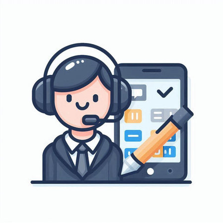 Call center operator with headset and smartphone. Customer support concept. Vector illustration.のイラスト素材