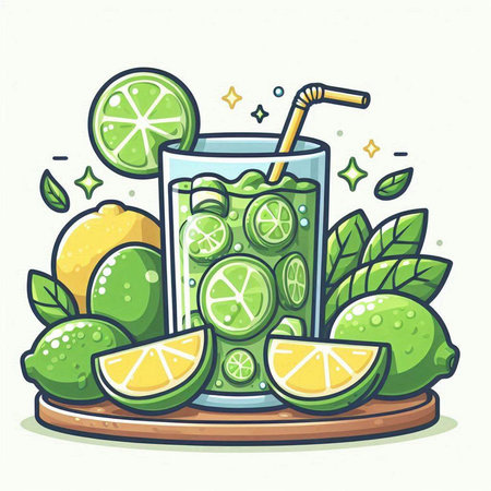 Cocktail with lime, lemon and mint. Vector illustration.のイラスト素材