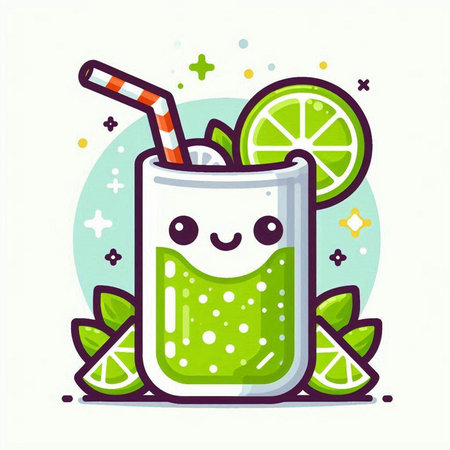 Cute lemonade with lime and straw. Vector cartoon character illustration.のイラスト素材