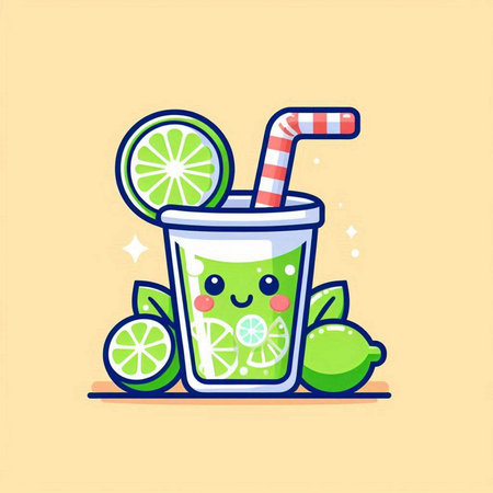 Cute cartoon lime juice character with striped straw. Vector illustration.のイラスト素材