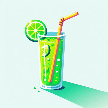 Cocktail with lime and straw. Vector illustration in flat styleのイラスト素材