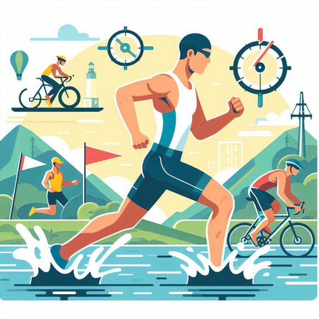Vector illustration of a man running on the river. Healthy lifestyle concept.のイラスト素材