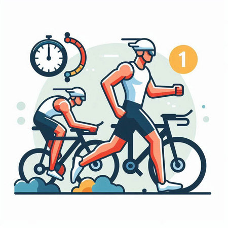 Cyclist man and woman in sportswear running on road. Flat style vector illustration.のイラスト素材