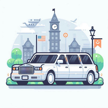 Vector illustration of limousine on the background of city landscape.のイラスト素材