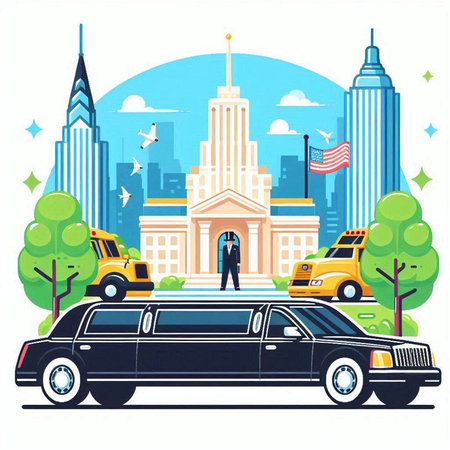 Vector illustration of a limousine on the background of the city.のイラスト素材