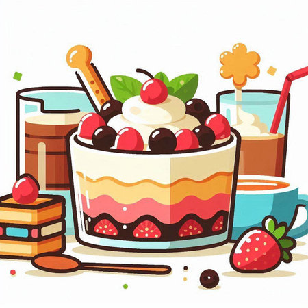Cake with whipped cream, cherries and chocolate. Vector illustration.のイラスト素材