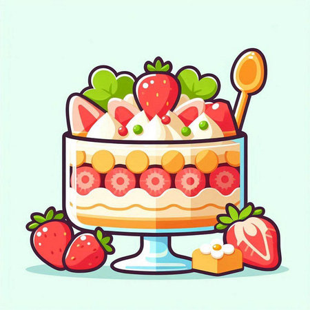 Cake with strawberries and whipped cream. Vector illustration in cartoon style.のイラスト素材