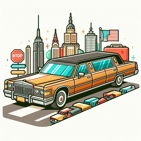 Vector illustration of a vintage limousine on the background of the city.のイラスト素材