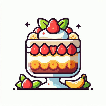 Cake with strawberry and banana. Vector illustration in flat style.のイラスト素材