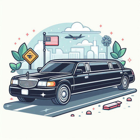 Vector illustration of a limousine on the road with cityscape.のイラスト素材