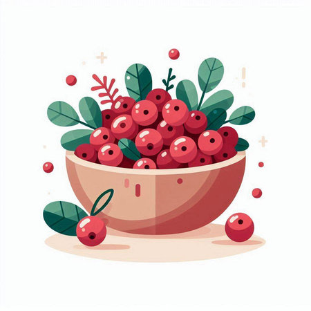 Cranberry in a bowl with leaves and berries. Vector illustration.のイラスト素材
