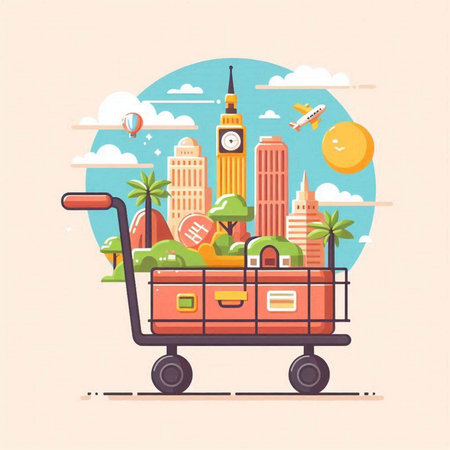 Trolley with travel items. Flat style vector illustration. Travel concept.のイラスト素材