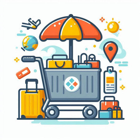 Vector illustration of a shopping cart filled with luggage and beach umbrella.のイラスト素材
