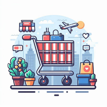 Vector illustration of a shopping cart with luggage, bags, airplane and other items.のイラスト素材