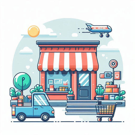 Flat design concept of online shopping and delivery. Vector illustration.のイラスト素材