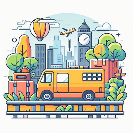 Vector illustration of travel and vacation concept with bus, train, luggage, airplane, cityscape.のイラスト素材