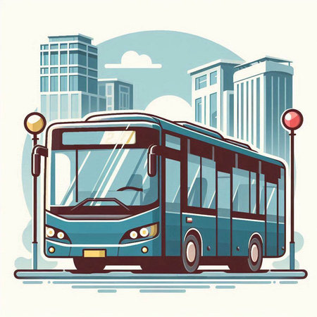 Modern bus on the background of the modern city. Vector illustration.のイラスト素材