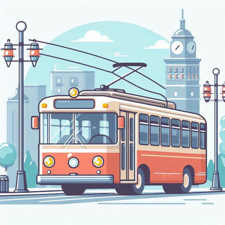 Trolley bus on the city street. Vector illustration in flat styleのイラスト素材