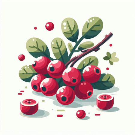 Cranberry branch with red berries and leaves. Vector illustration.のイラスト素材