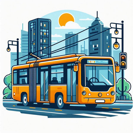 Yellow bus on the city street. Vector illustration in flat style.のイラスト素材