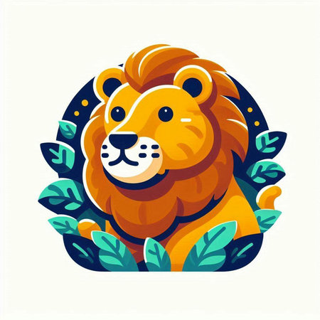 Cute cartoon lion with leaves. Vector illustration in flat style.のイラスト素材