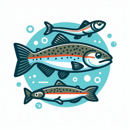 Vector illustration of trout fish in flat style on white background with bubbles.のイラスト素材