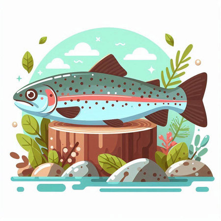 Vector illustration of a rainbow trout on a stump in the water.のイラスト素材