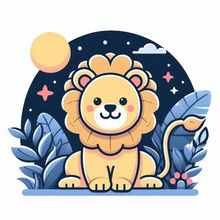 Cute lion sitting on the background of the moon. Vector illustration.のイラスト素材