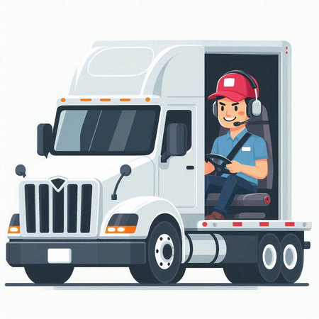 Truck with driver in uniform and helmet. Flat style vector illustration.のイラスト素材