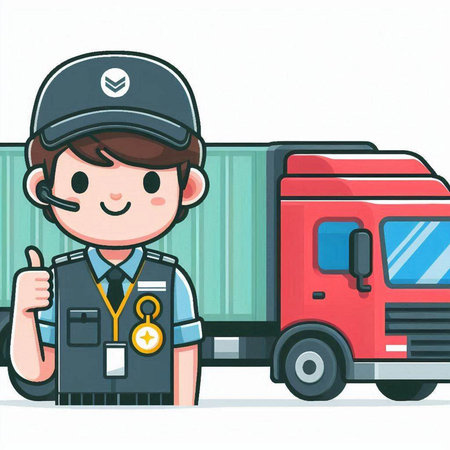 Policeman in uniform with cargo truck and thumbs up vector illustrationのイラスト素材