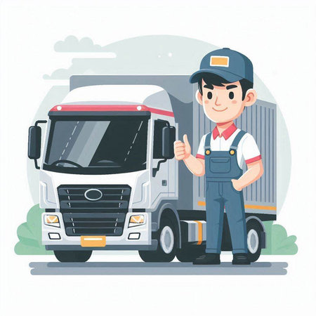 Courier in uniform and cap with truck. Vector illustration.のイラスト素材