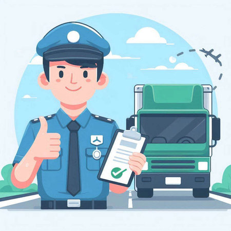 Policeman in uniform with clipboard and truck. Vector flat illustrationのイラスト素材
