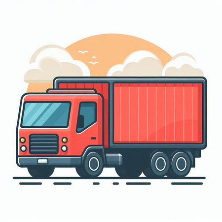 Illustration of a red truck with a container on the road.のイラスト素材