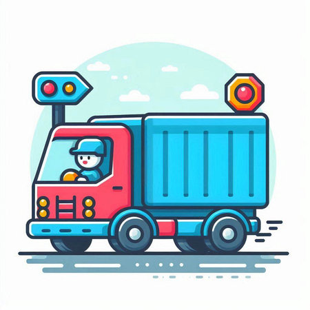 Cargo truck with driver and traffic lights. Flat vector illustration.のイラスト素材