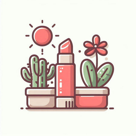 Lipstick and cactus. Vector illustration in flat style.のイラスト素材