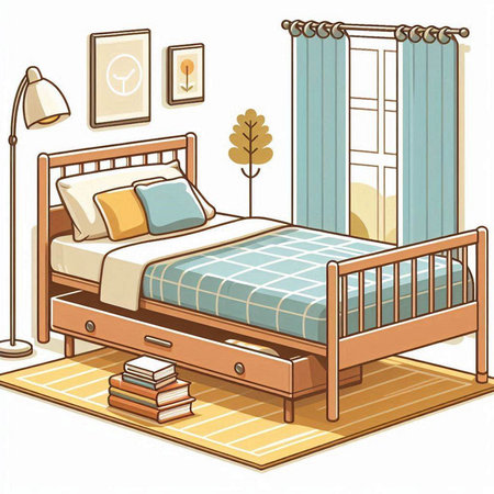 Bedroom interior with bed and lamp. Vector illustration. Cartoon style.のイラスト素材