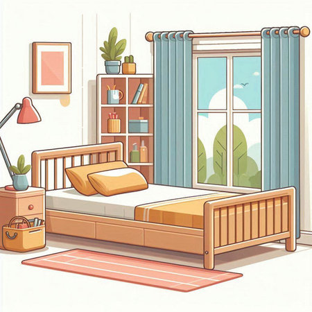 Bedroom interior. Cartoon illustration of bedroom interior. Vector illustration.のイラスト素材