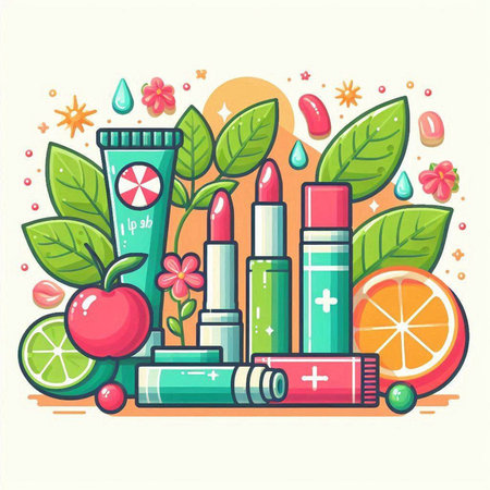 Vector illustration of cosmetics and natural products in flat style. Lips, lipsticks, apple, water drops, orange, sunblock, moisturizer.のイラスト素材