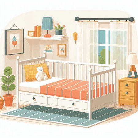 Illustration of a baby room with a bed and a window.のイラスト素材