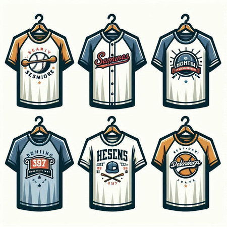Set of vintage baseball t-shirts on hangers. Vector illustrationのイラスト素材