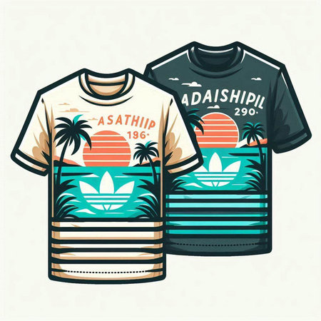 T-shirt design with beach and palm trees. Vector illustration.のイラスト素材