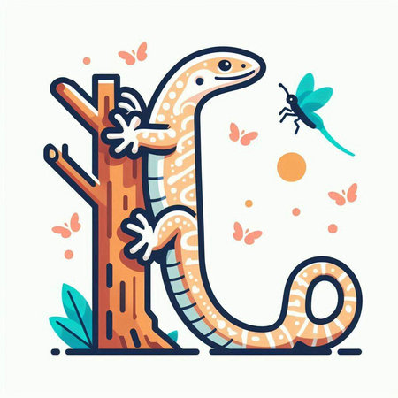 Lizard in the forest. Vector illustration in flat linear style.のイラスト素材