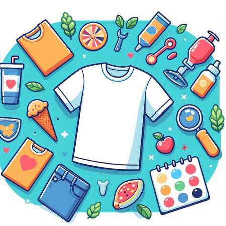 T-shirt and other items on a blue background. Vector illustration.のイラスト素材