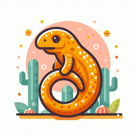 Cute cartoon snake with cactus. Vector illustration in flat styleのイラスト素材
