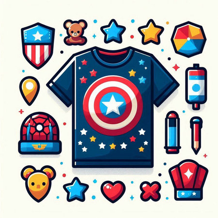 T-shirt design with american symbols. Vector illustration in flat style.のイラスト素材