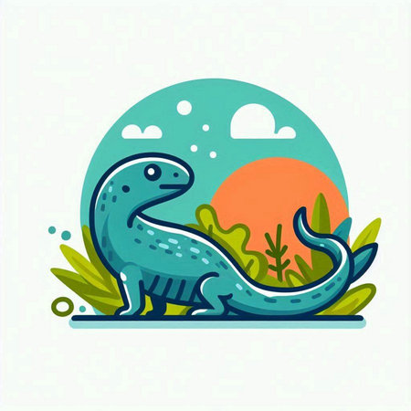 Vector illustration of cute dinosaur in flat style on a background of green grass.のイラスト素材