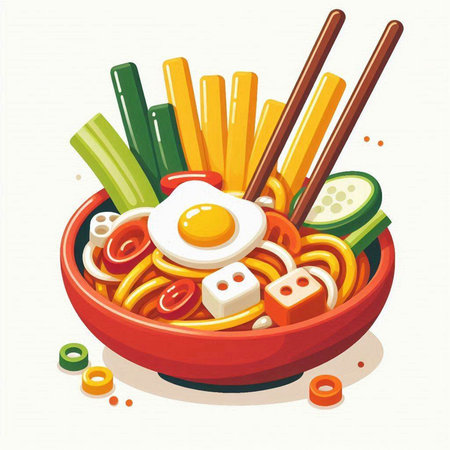 Bowl of noodle with vegetables and fried egg. Vector illustration.のイラスト素材